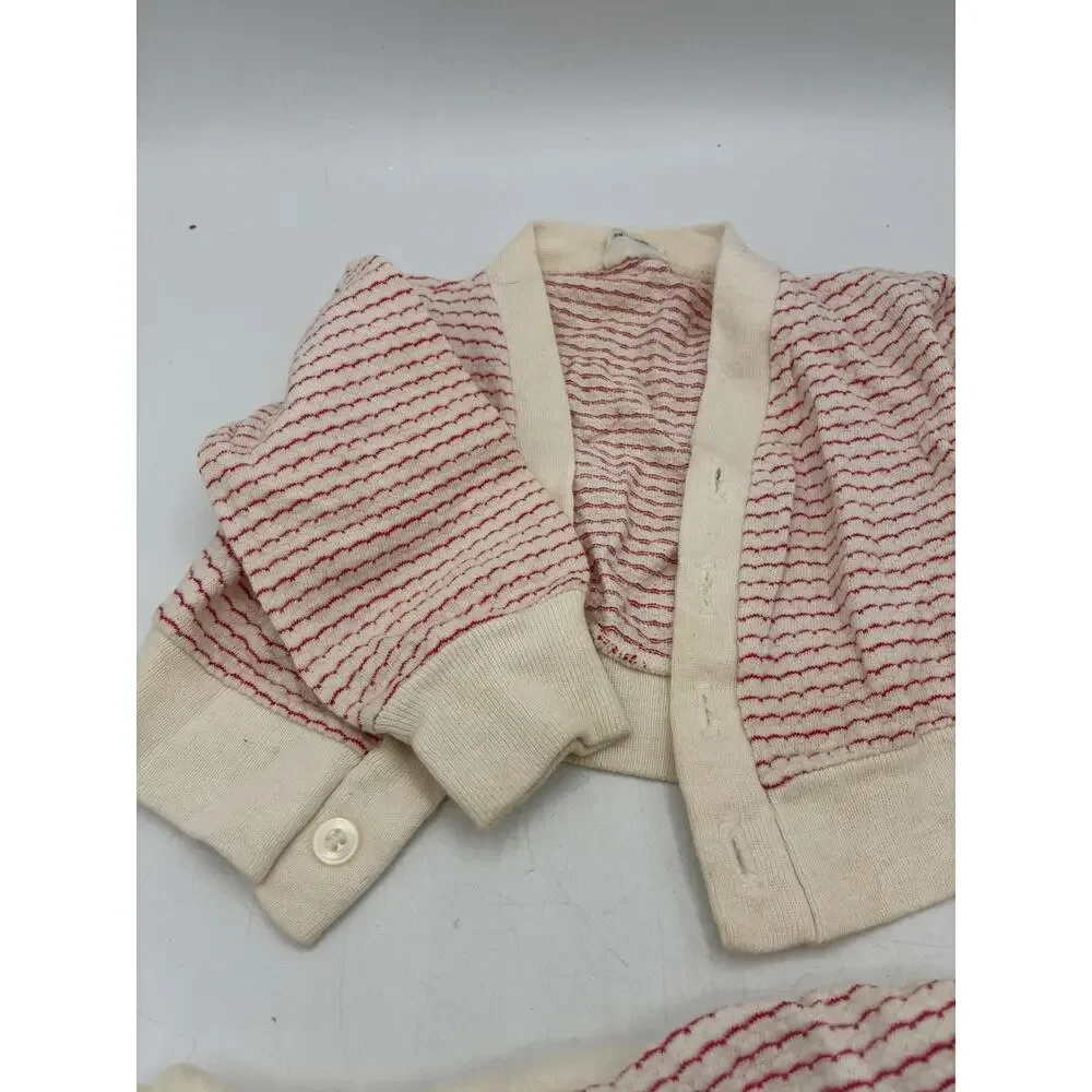 Vintage Knitfashion Baby 3pc Set 12mo Red Stripe Cardigan Romper Bonnet